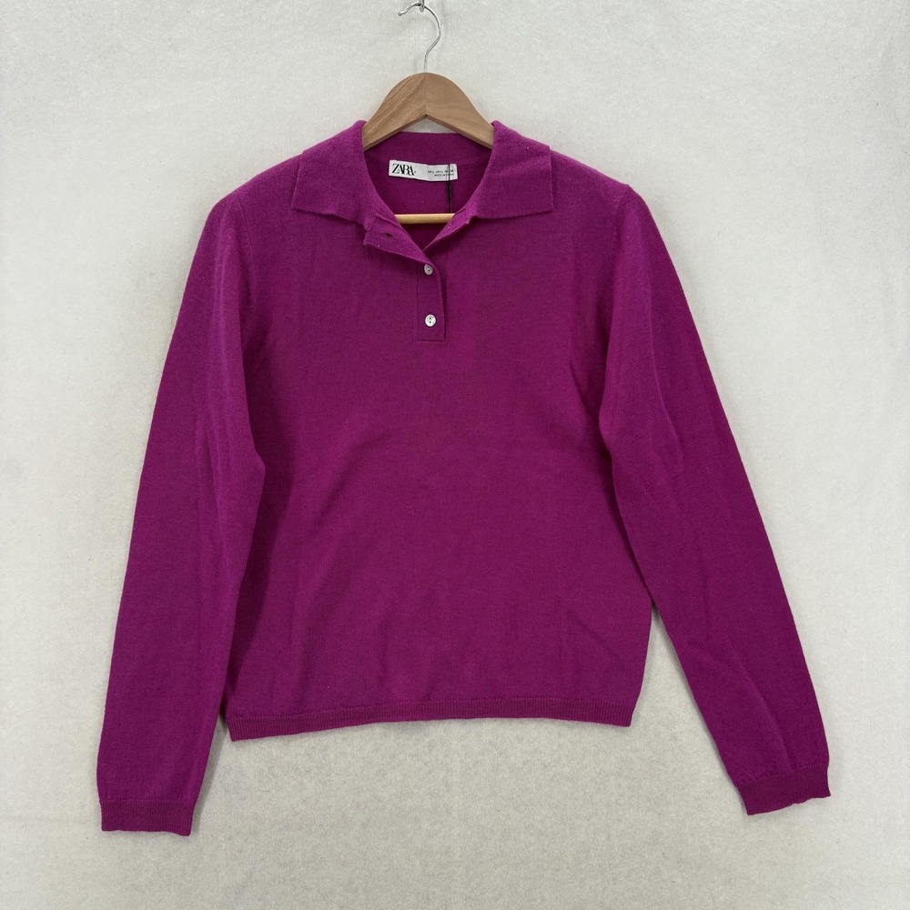 Zara Sweater Womens Large Purple 100% Wool Collared Pullover Long Sleeve Polo